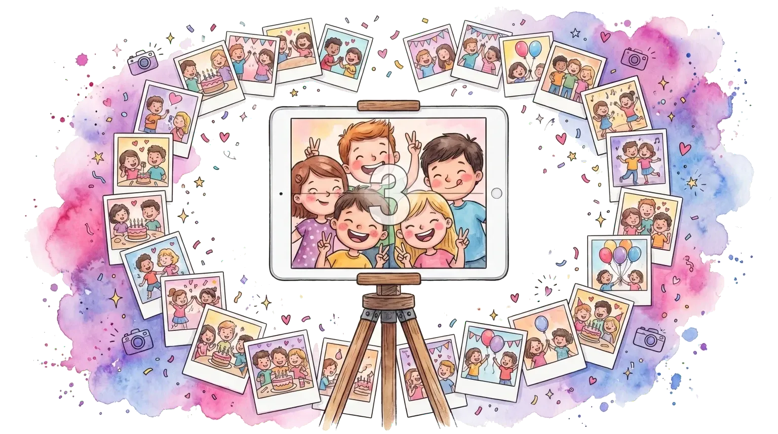 iPad photo booth with friends posing for a selfie surrounded by polaroid photos