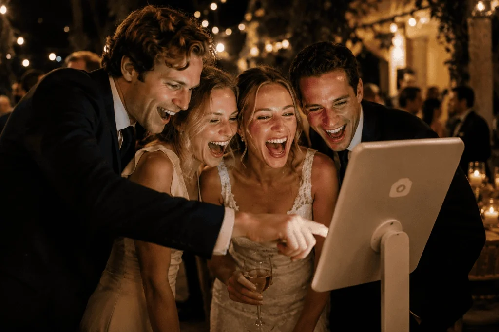 Happy friends laughing and using an iPad photo booth at a beautifully lit evening wedding event
