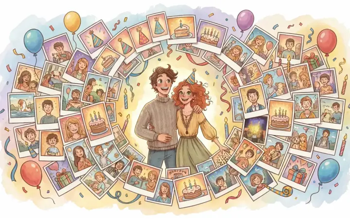 Ilustracija rojstnodnevne zabave, obkrožene s fotografijami gostov