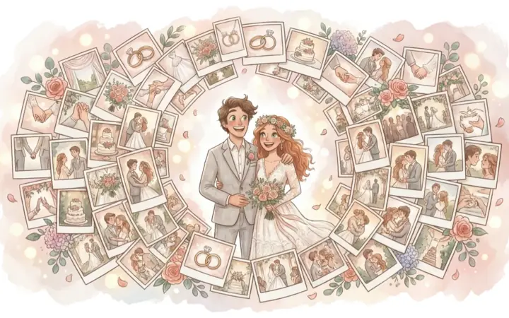 Ilustracija poročnega para, obkroženega s fotografijami gostov