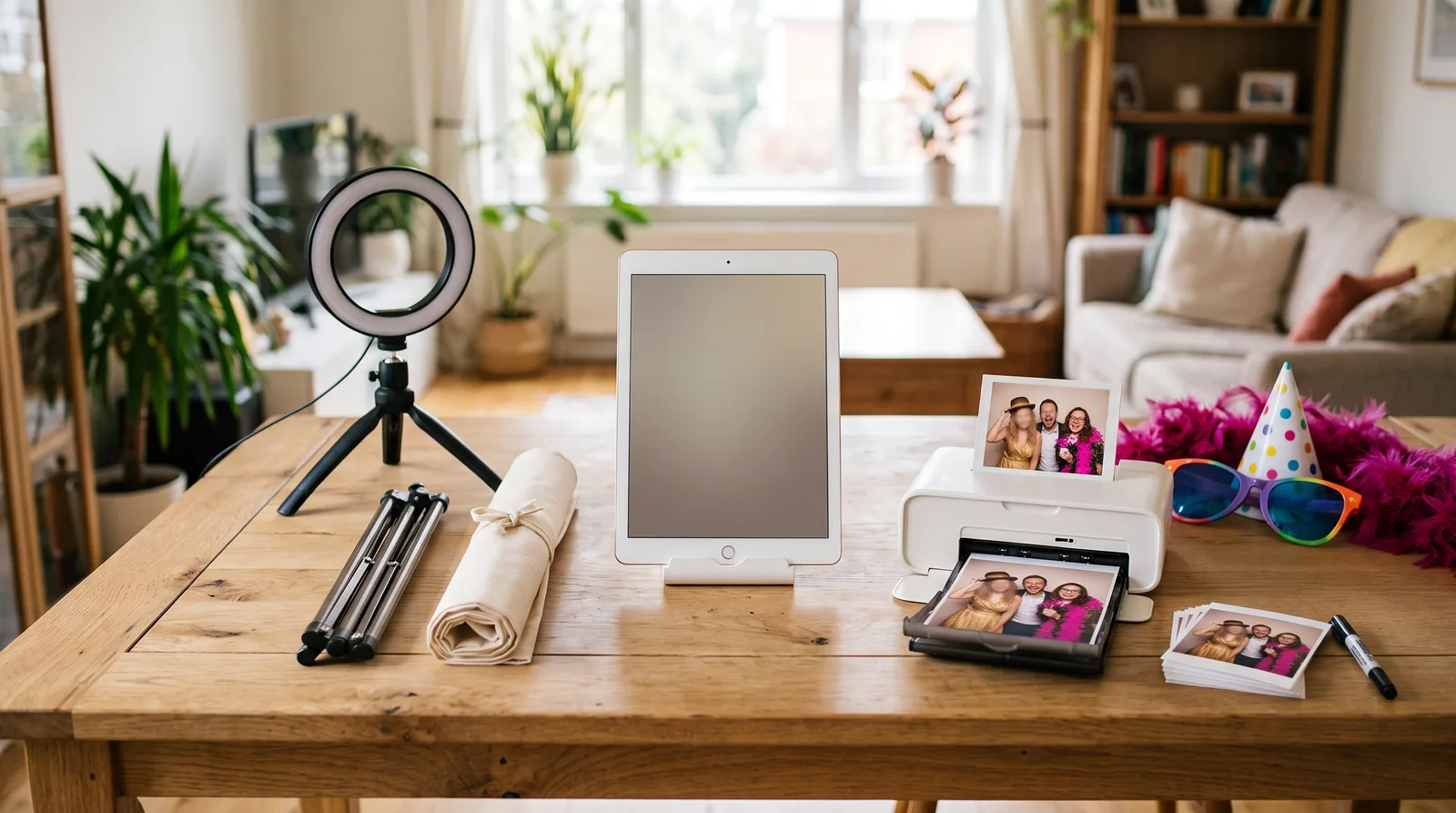 DIY photo booth kit on a table: iPad on a stand, ring light, rolled backdrop, compact photo printer and a stack of 4x6 prints