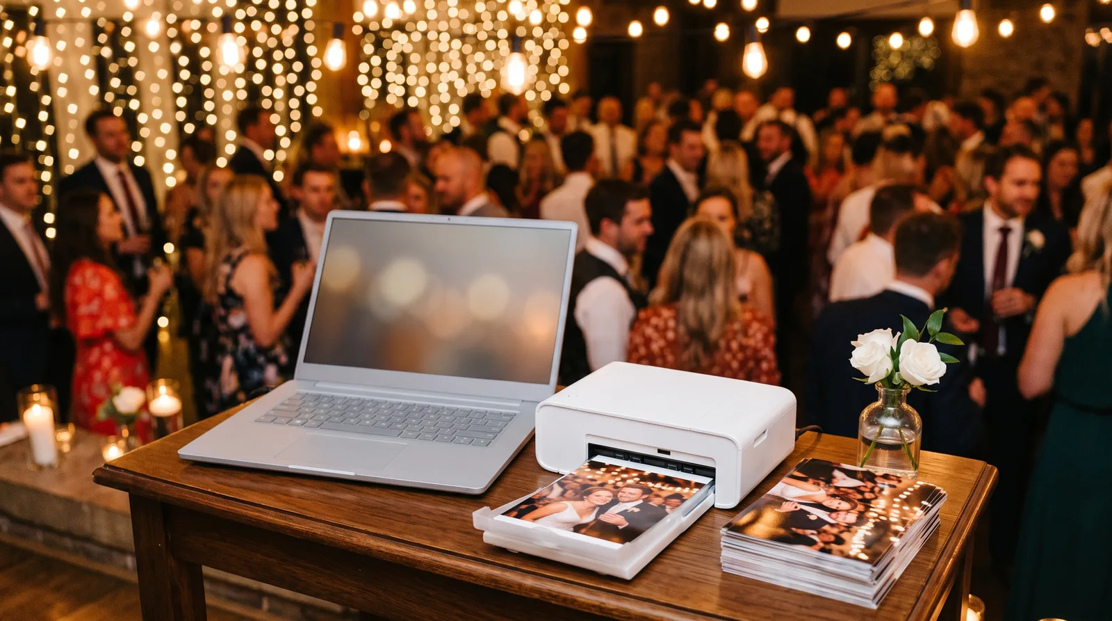 Print station at a wedding reception: a compact photo printer with a 4x6 print coming out next to a laptop