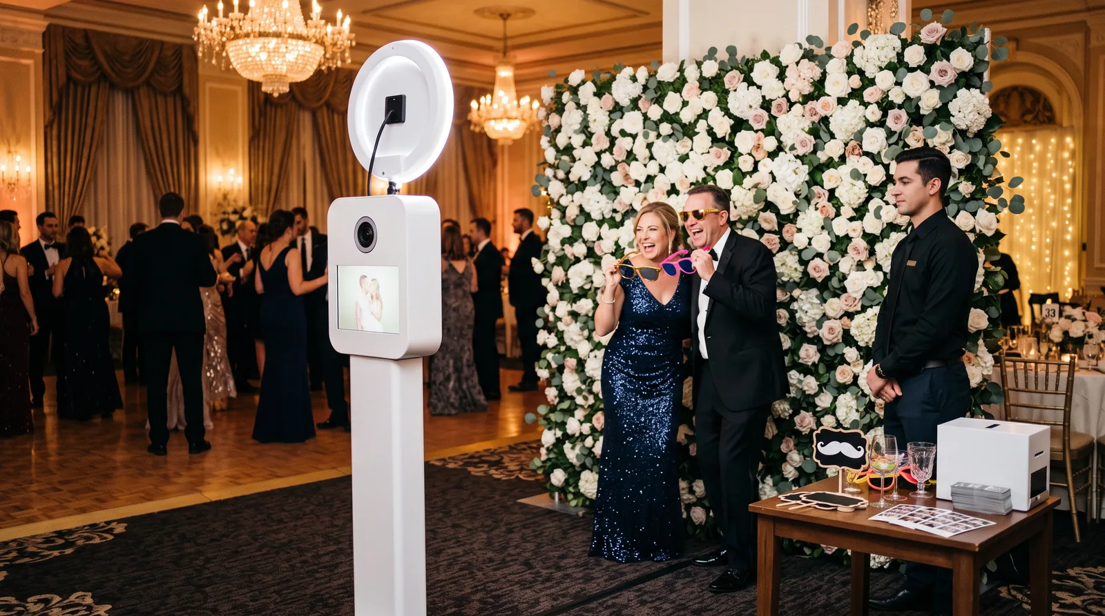 A staffed open-air photo booth rental with a flower wall at a wedding reception