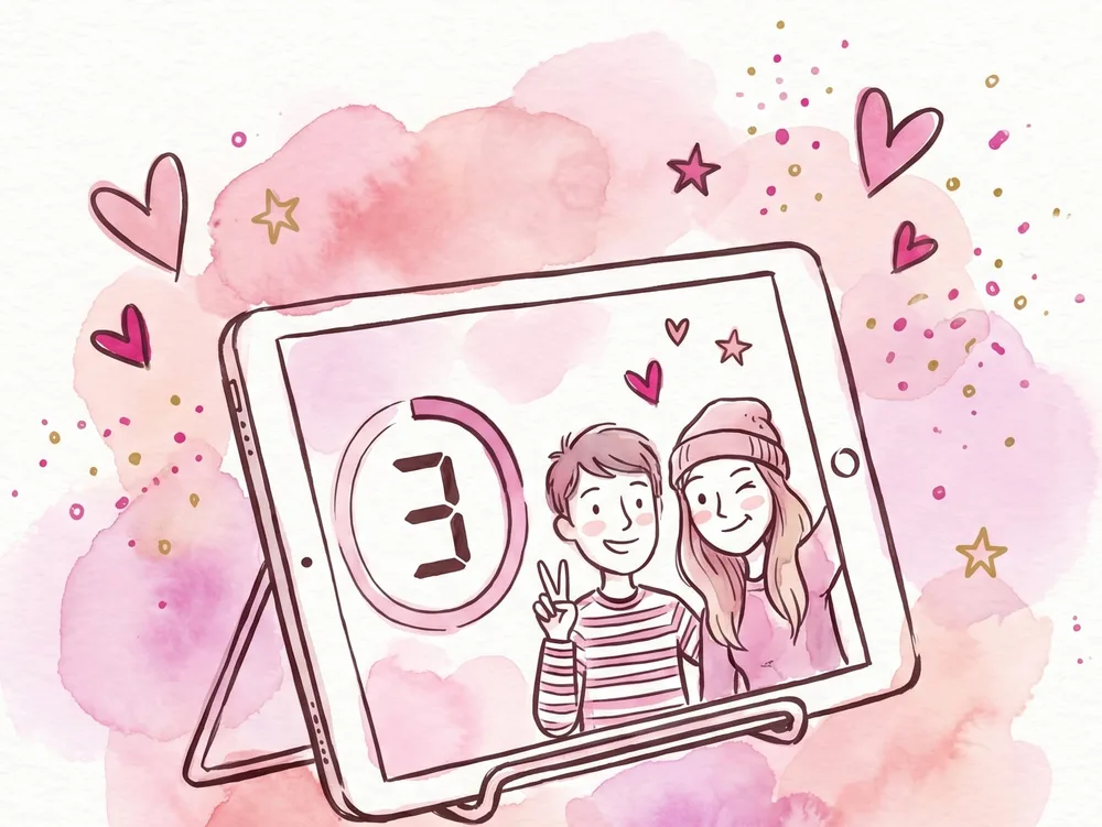 Tablet photo booth counting down while two guests pose for a selfie
