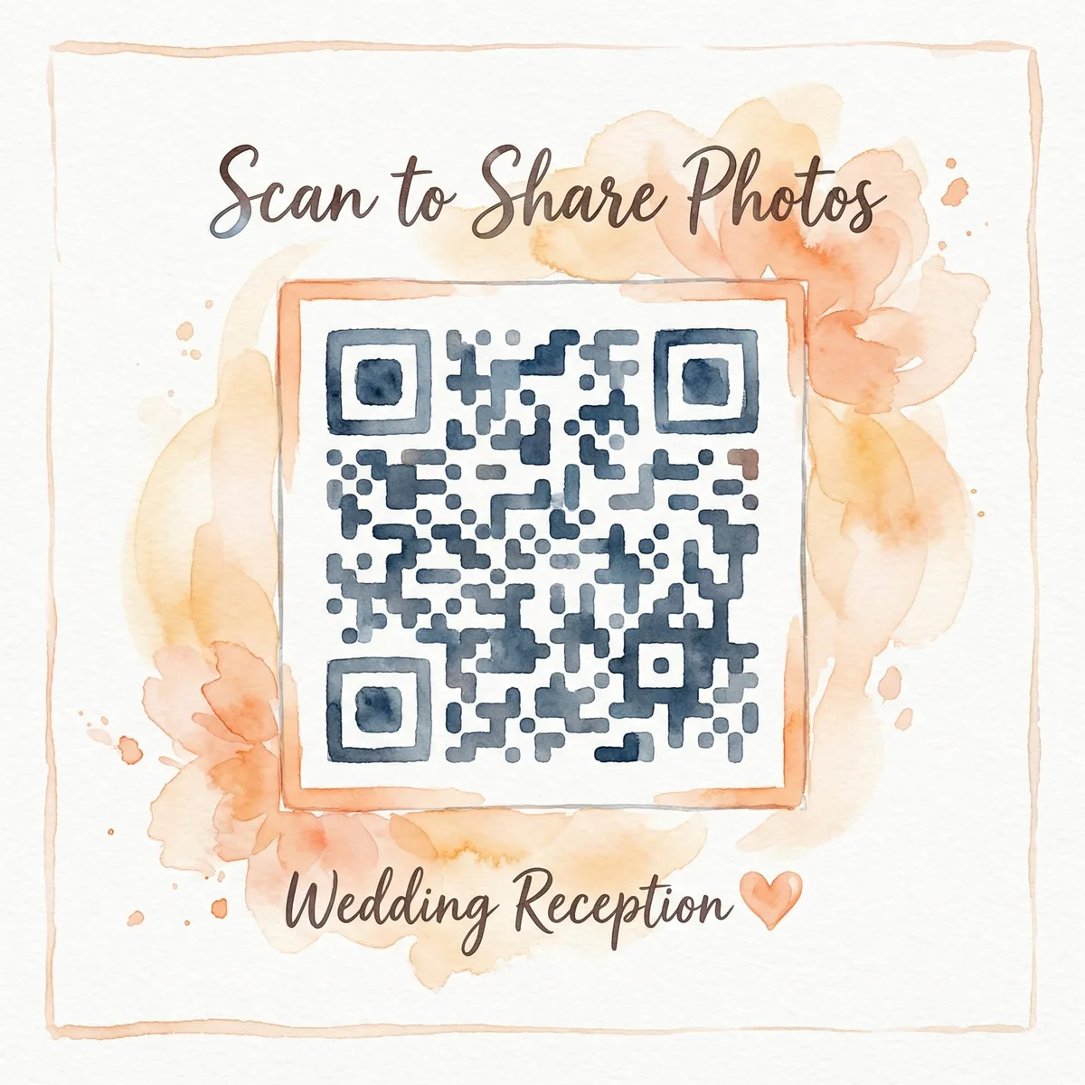 Printed wedding table card with a watercolor frame around a QR code and the words Scan to Share Photos